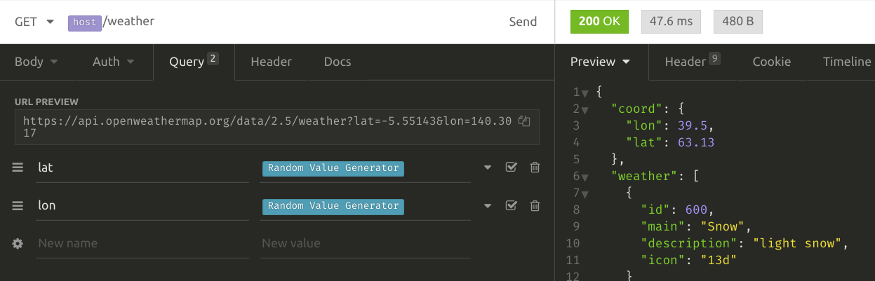 Insomnia: usage of generated values in the request